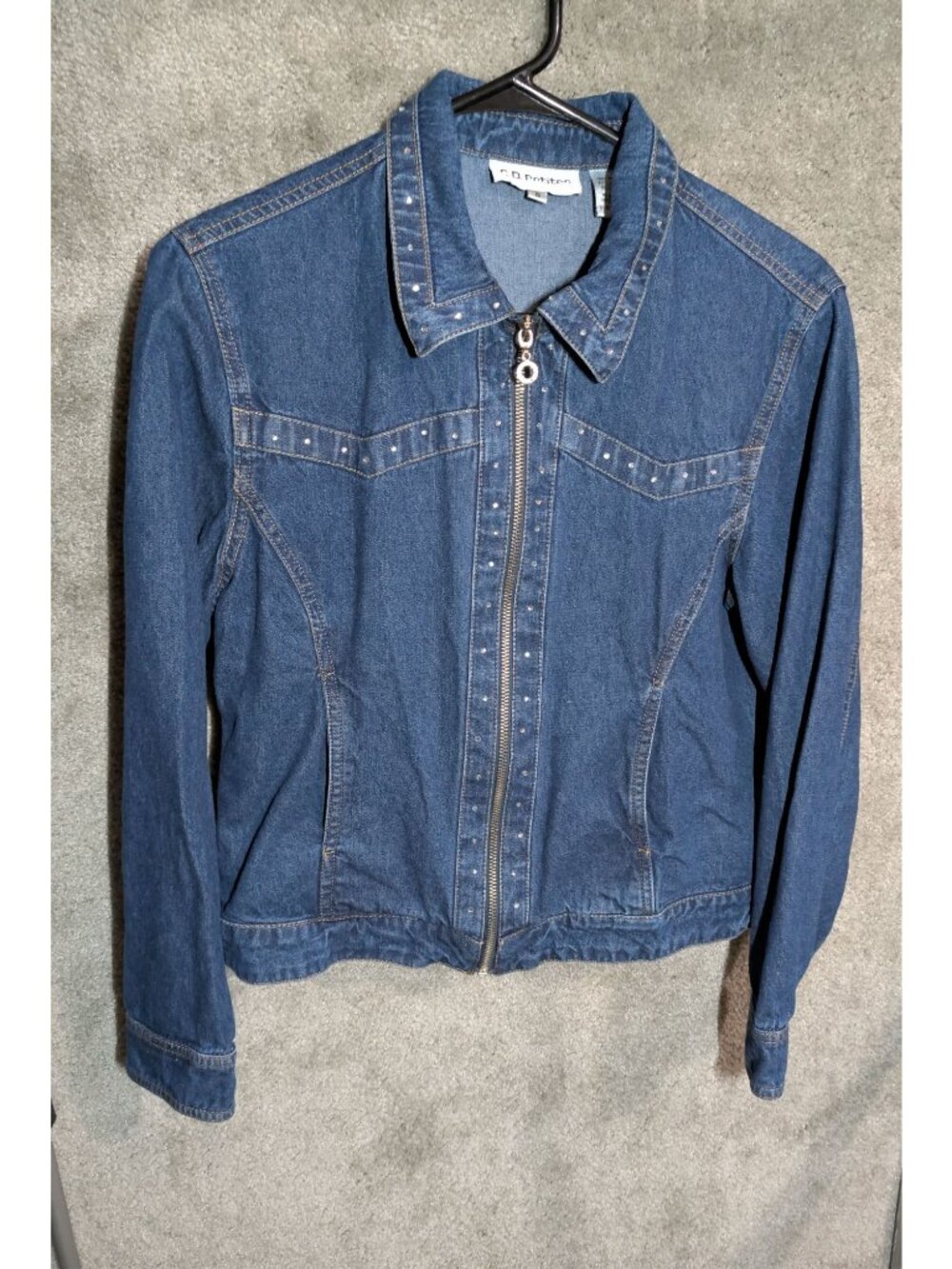 (032)C.D. Petites Denim Jacket Small Studded Collar & Front Zipper Long Sleeve 1